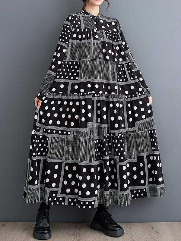 Long Sleeves Loose Buttoned Polka-Dot Printed Split-Joint Midi Dresses - Image 4
