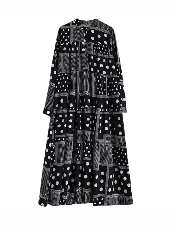 Long Sleeves Loose Buttoned Polka-Dot Printed Split-Joint Midi Dresses - Image 7