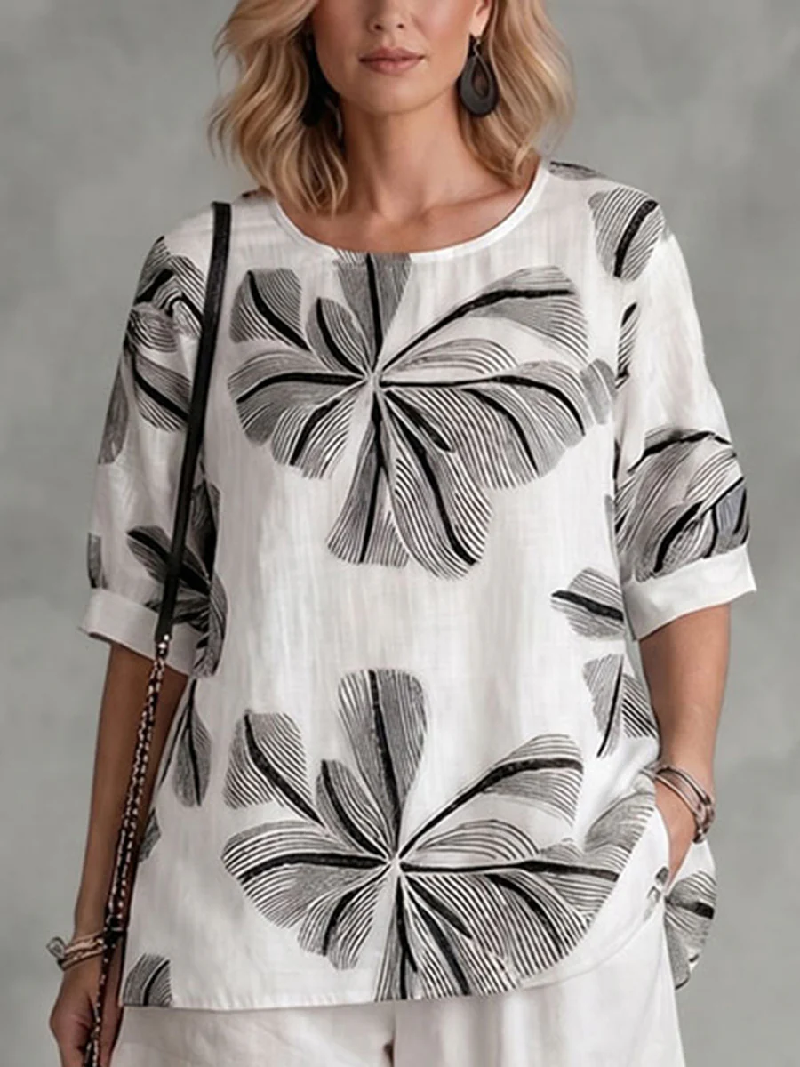 Long Sleeves Loose Contrast Color Embroidered Flower Print Round-neck T-Shirts Tops