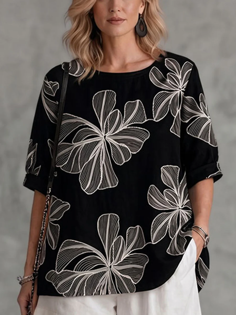 Long Sleeves Loose Contrast Color Embroidered Flower Print Round-neck T-Shirts Tops - Image 2
