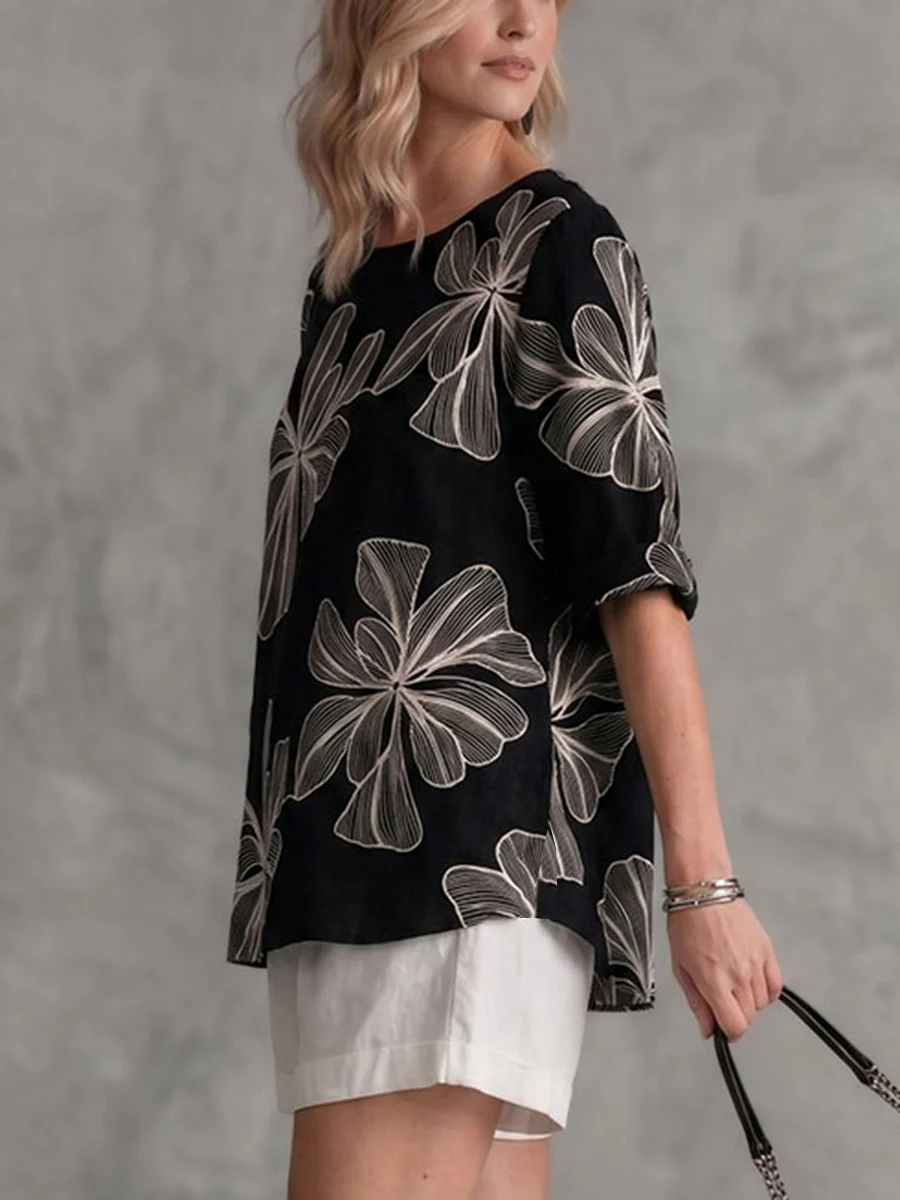 Long Sleeves Loose Contrast Color Embroidered Flower Print Round-neck T-Shirts Tops - Image 3