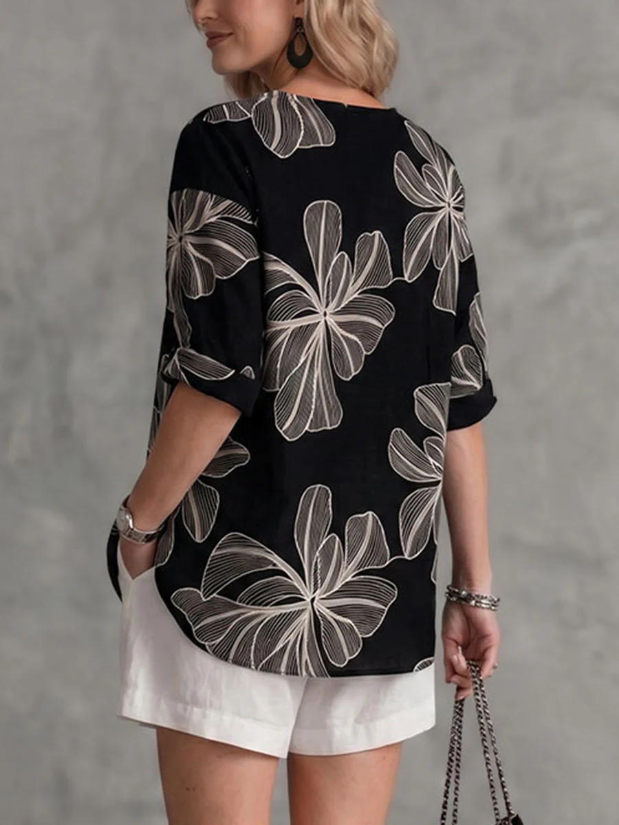 Long Sleeves Loose Contrast Color Embroidered Flower Print Round-neck T-Shirts Tops - Image 4