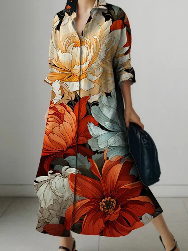 Long Sleeves Loose Flower Print Lapel Maxi Dresses Shirt Dress