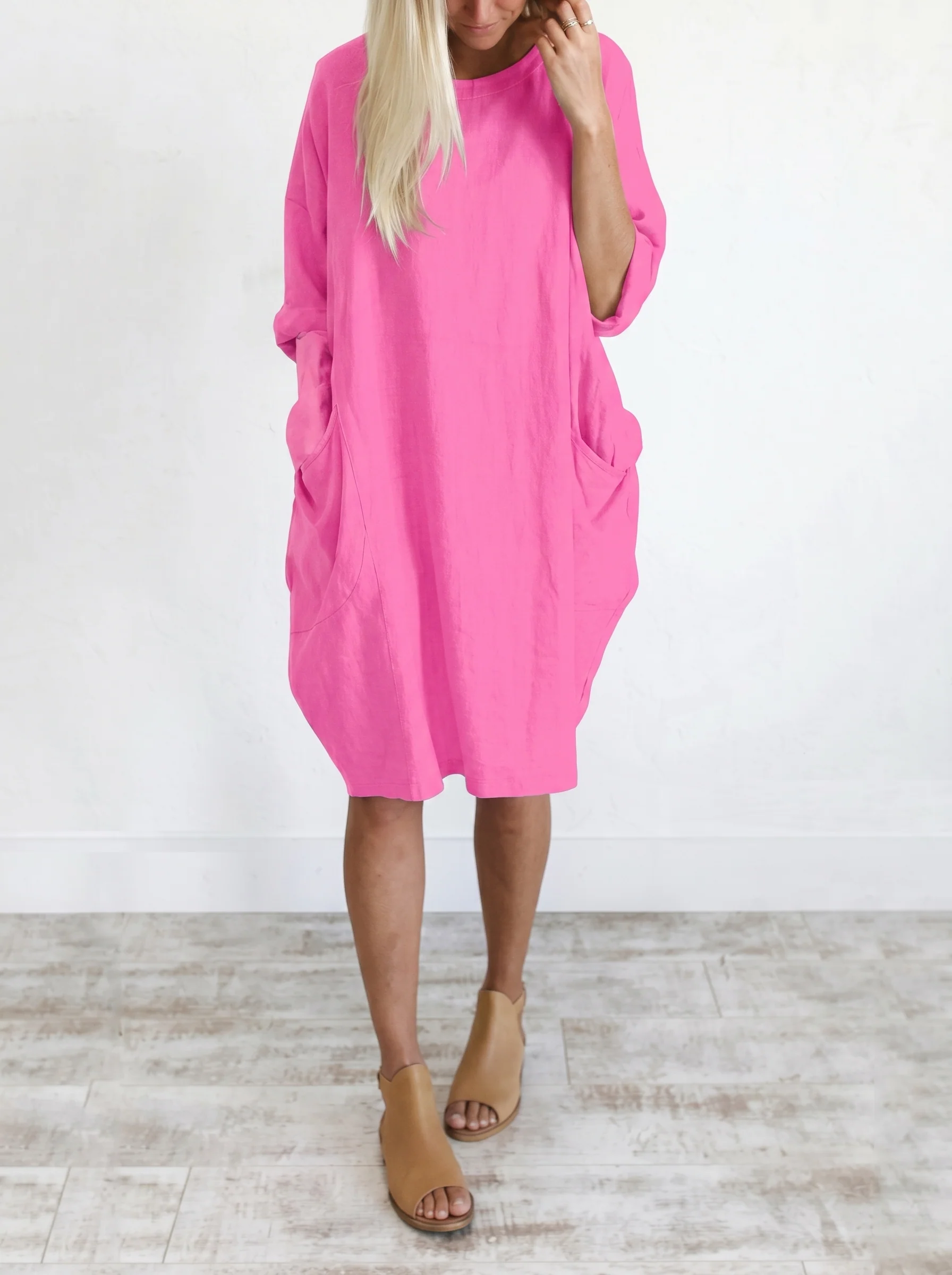 Long Sleeves Loose Pockets Solid Color Round-Neck Mini Dresses - Image 7