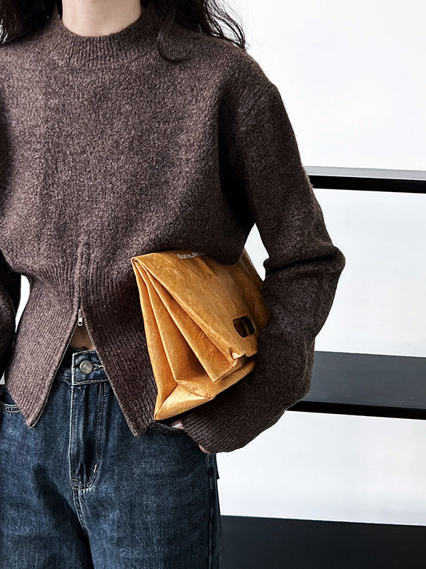 Long Sleeves Loose Solid Color Zipper Mock Neck Pullovers Sweater Tops - Image 5