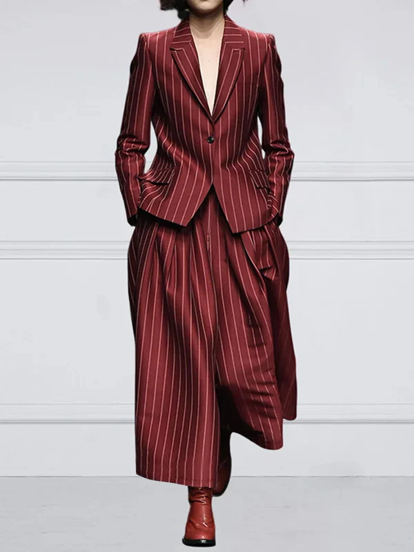 Long Sleeves Loose Striped Notched Collar Blazer Outerwear - Image 11