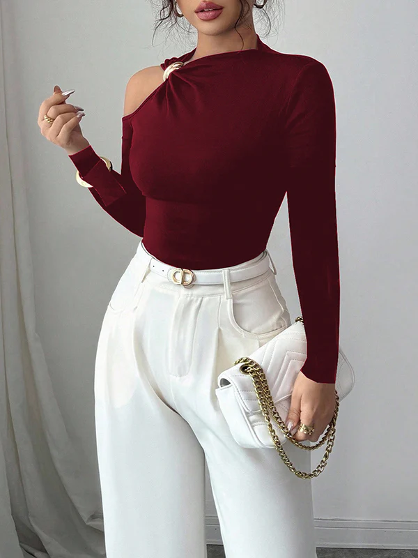 Long Sleeves Skinny Asymmetric Solid Color Asymmetric Neckline T-Shirts - Image 10