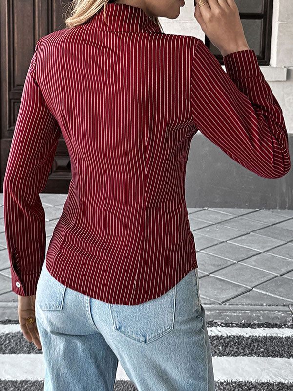 Long Sleeves Skinny Buttoned Contrast Color Striped Lapel Blouses&Shirts Tops - Image 5