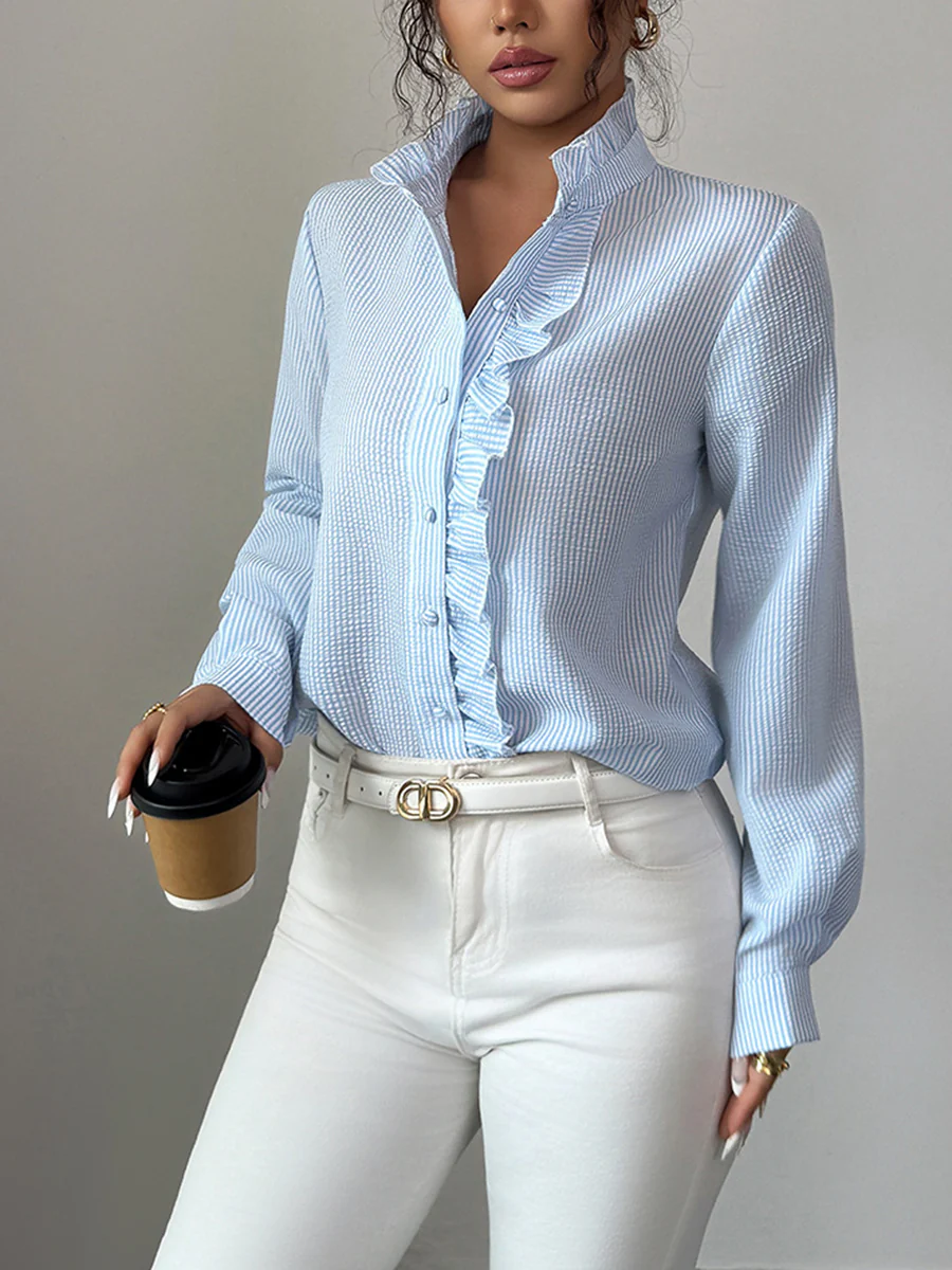 Long Sleeves Skinny Buttoned Ruffled Split-Joint Striped Stand Collar Blouses&Shirts Tops