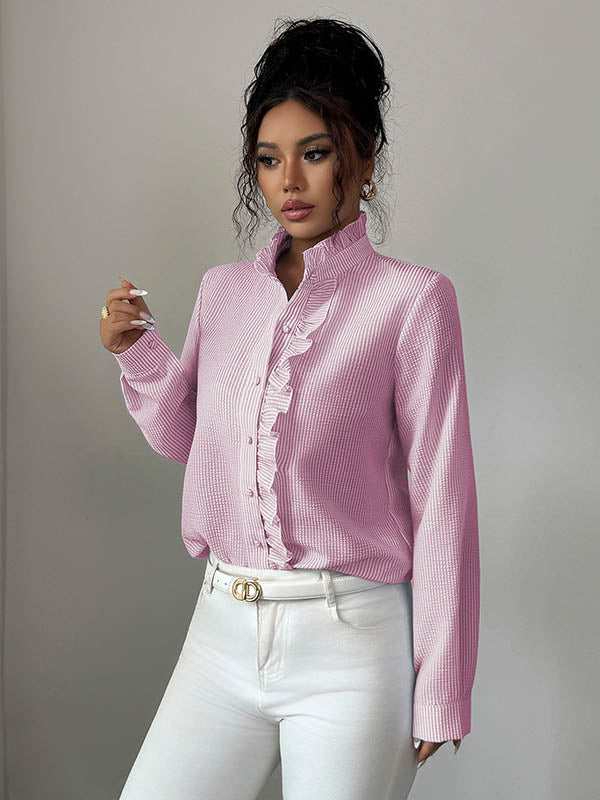 Long Sleeves Skinny Buttoned Ruffled Split-Joint Striped Stand Collar Blouses&Shirts Tops - Image 10