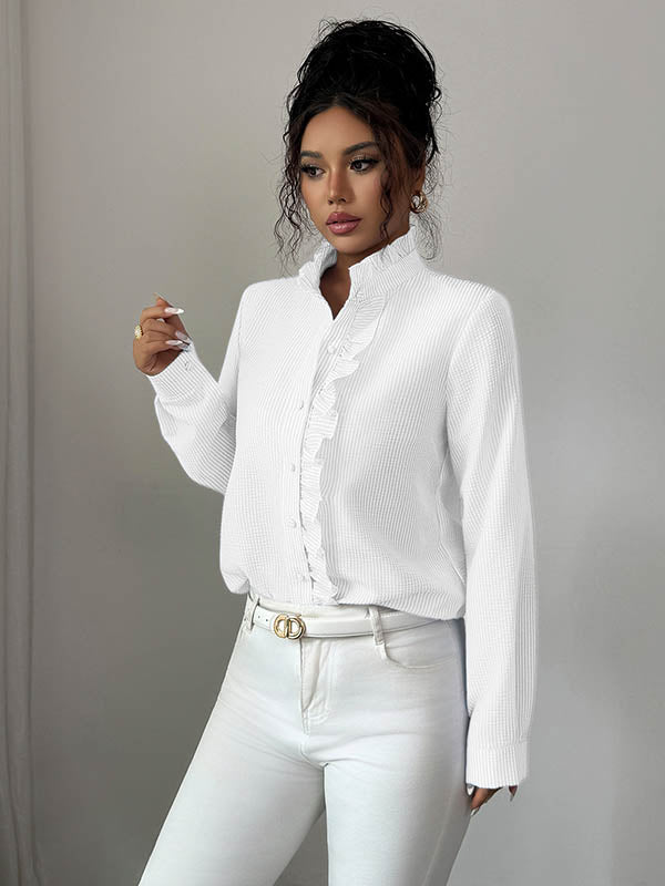 Long Sleeves Skinny Buttoned Ruffled Split-Joint Striped Stand Collar Blouses&Shirts Tops - Image 14