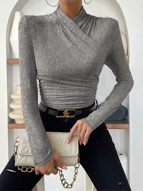Long Sleeves Skinny Pleated Solid Color Mock Neck T-Shirts Tops - Image 14