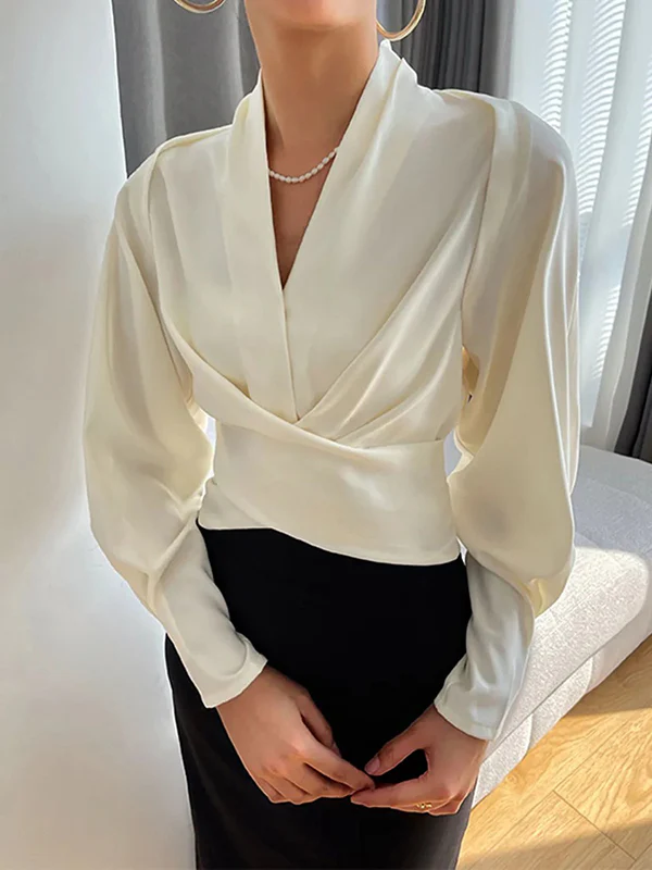Long Sleeves Solid Color Zipper V-neck Blouses&shirts Tops - Image 2