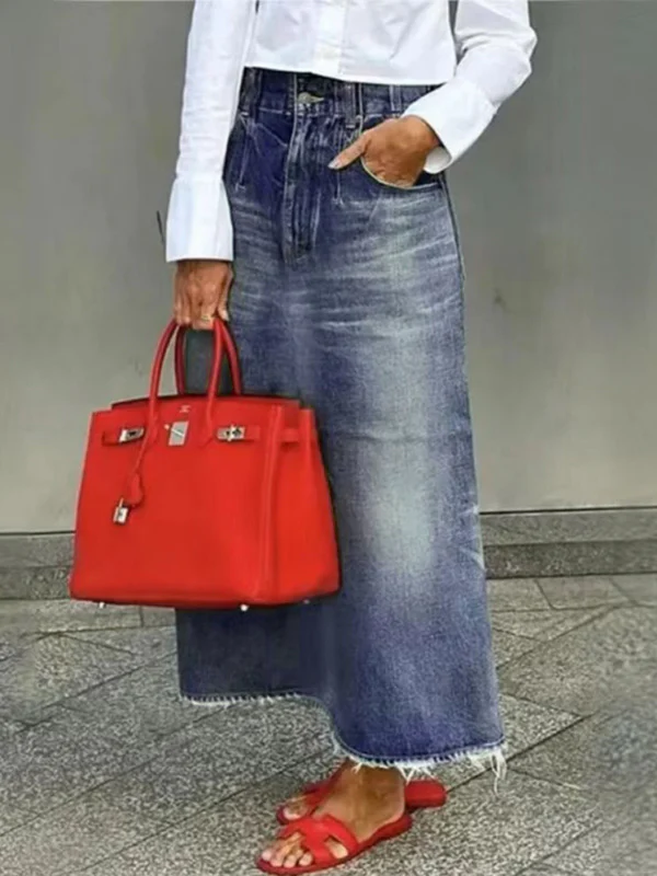 Loose Fringed No Belt Pockets Solid Color Skirts Bottoms
