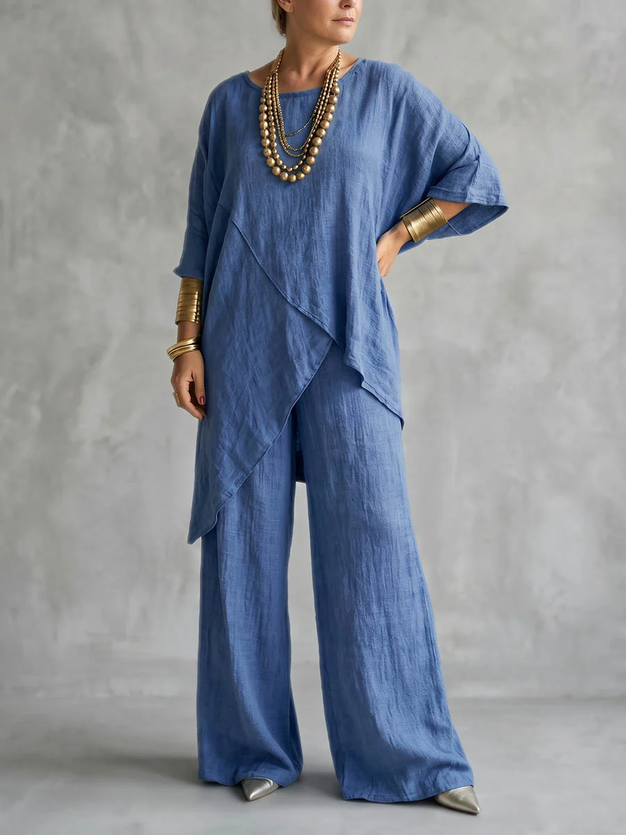 Loose Plus Size Asymmetric Solid Color Round-Neck Blouses&Shirts Tops + Pants Two Pieces Set