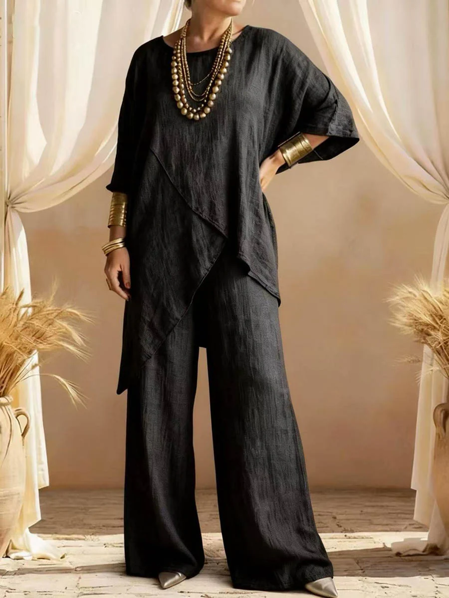 Loose Plus Size Asymmetric Solid Color Round-Neck Blouses&Shirts Tops + Pants Two Pieces Set - Image 2