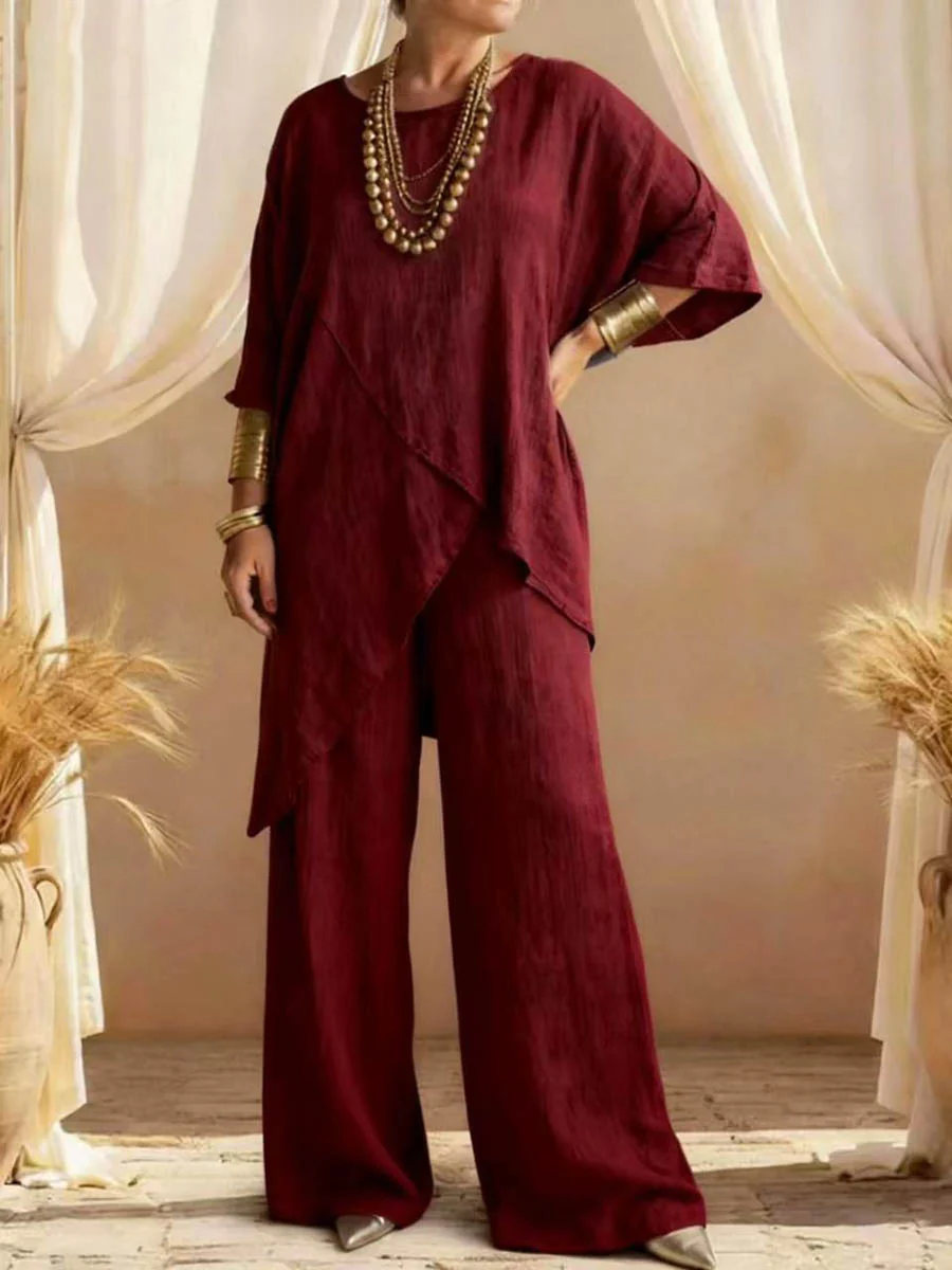 Loose Plus Size Asymmetric Solid Color Round-Neck Blouses&Shirts Tops + Pants Two Pieces Set - Image 3