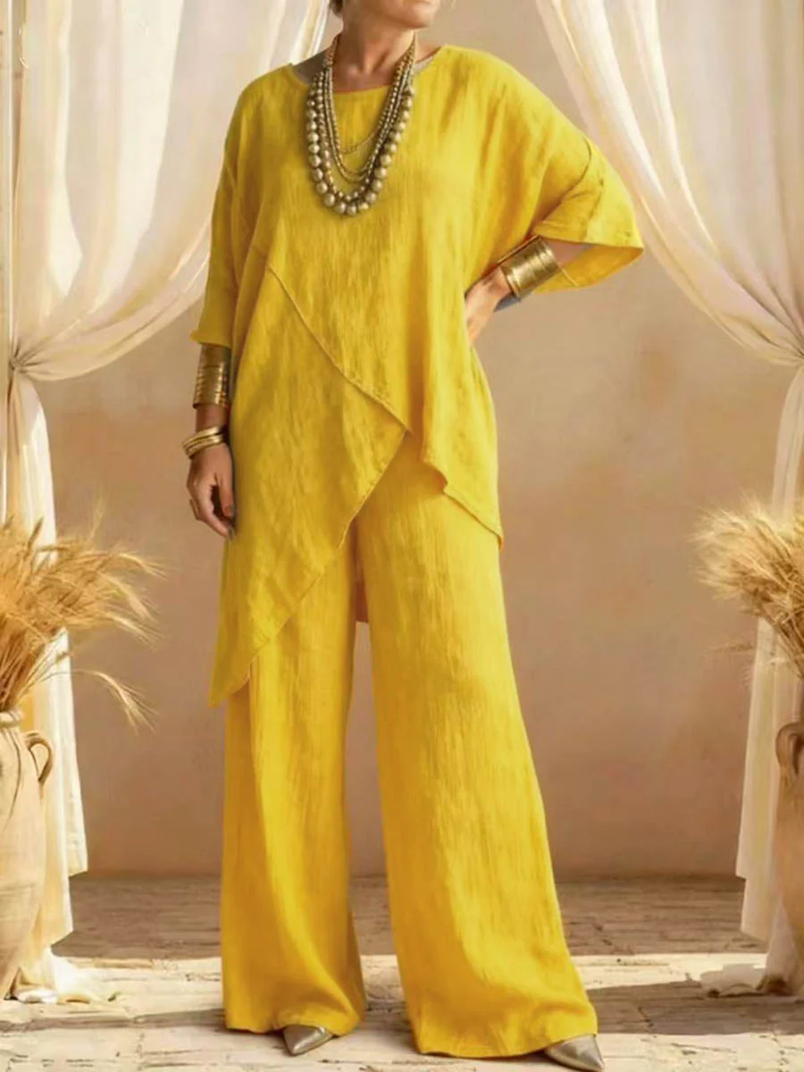 Loose Plus Size Asymmetric Solid Color Round-Neck Blouses&Shirts Tops + Pants Two Pieces Set - Image 4