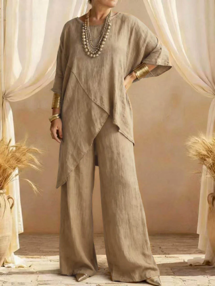Loose Plus Size Asymmetric Solid Color Round-Neck Blouses&Shirts Tops + Pants Two Pieces Set - Image 5