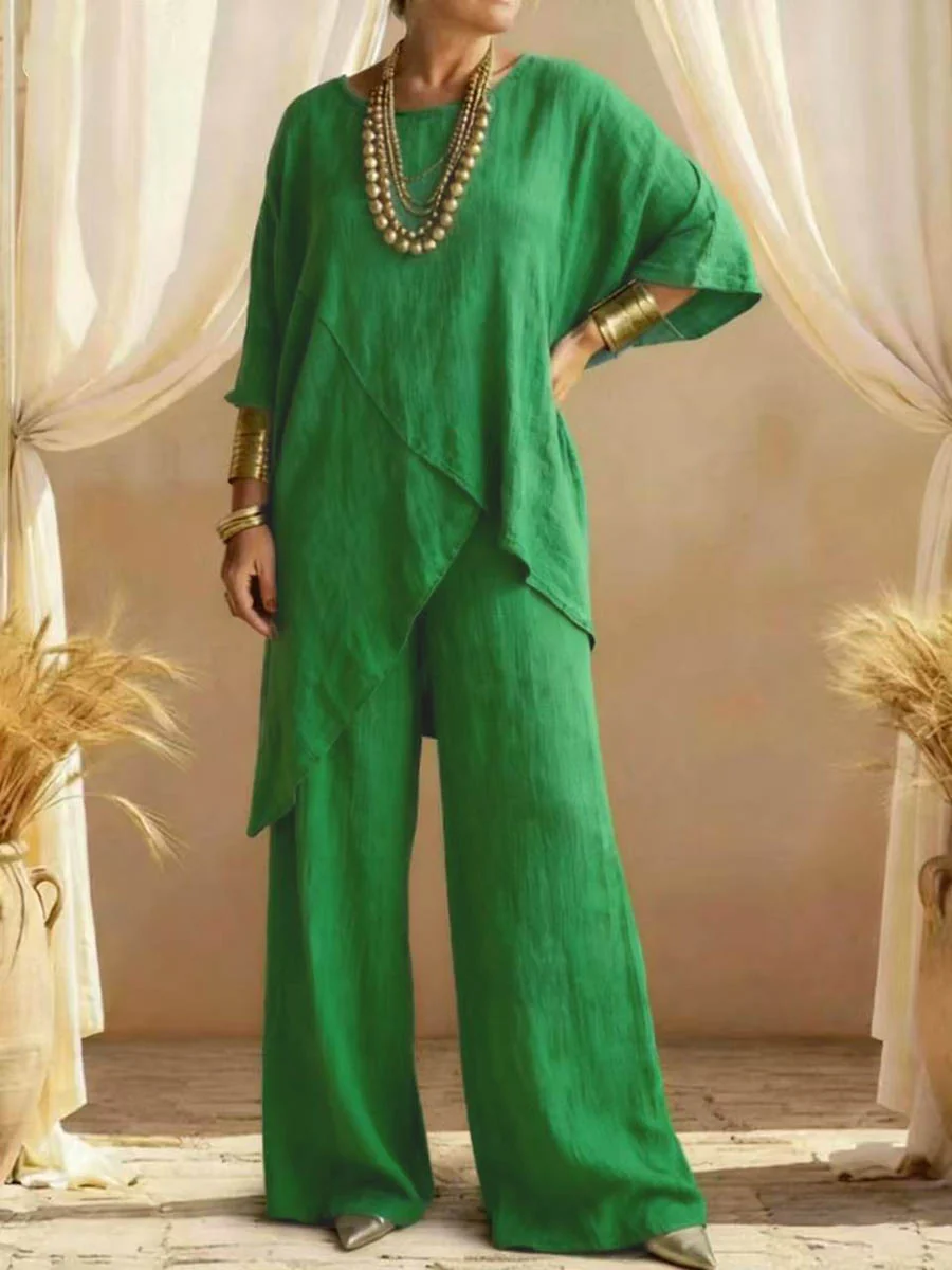 Loose Plus Size Asymmetric Solid Color Round-Neck Blouses&Shirts Tops + Pants Two Pieces Set - Image 6