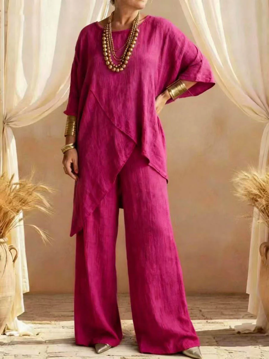 Loose Plus Size Asymmetric Solid Color Round-Neck Blouses&Shirts Tops + Pants Two Pieces Set - Image 7