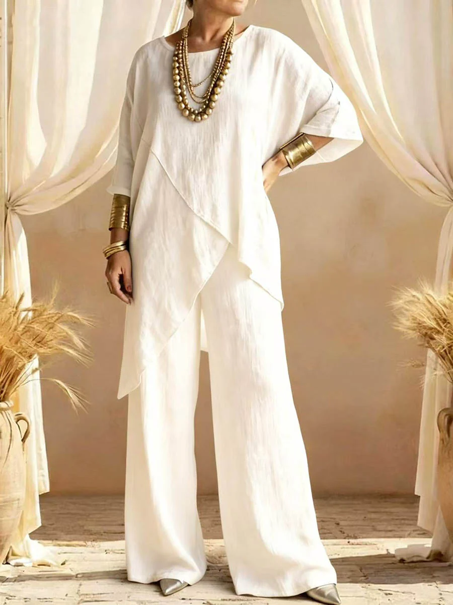 Loose Plus Size Asymmetric Solid Color Round-Neck Blouses&Shirts Tops + Pants Two Pieces Set - Image 8
