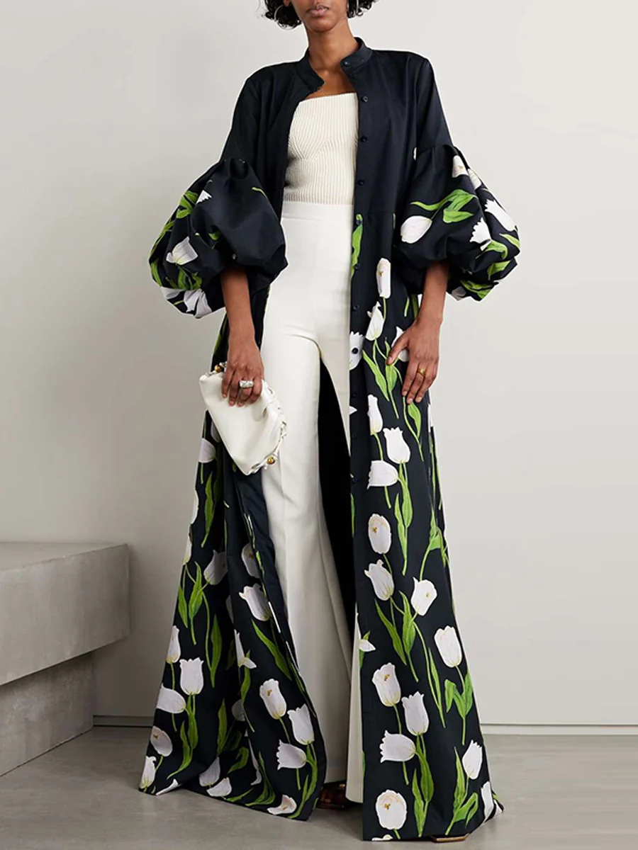 Loose Plus Size Flower Print Pleated Split-Joint Stand Collar Maxi Dresses Trench Coats