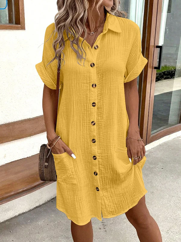 Loose Short Sleeves Buttoned Pockets Lapel Mini Dresses - Image 2