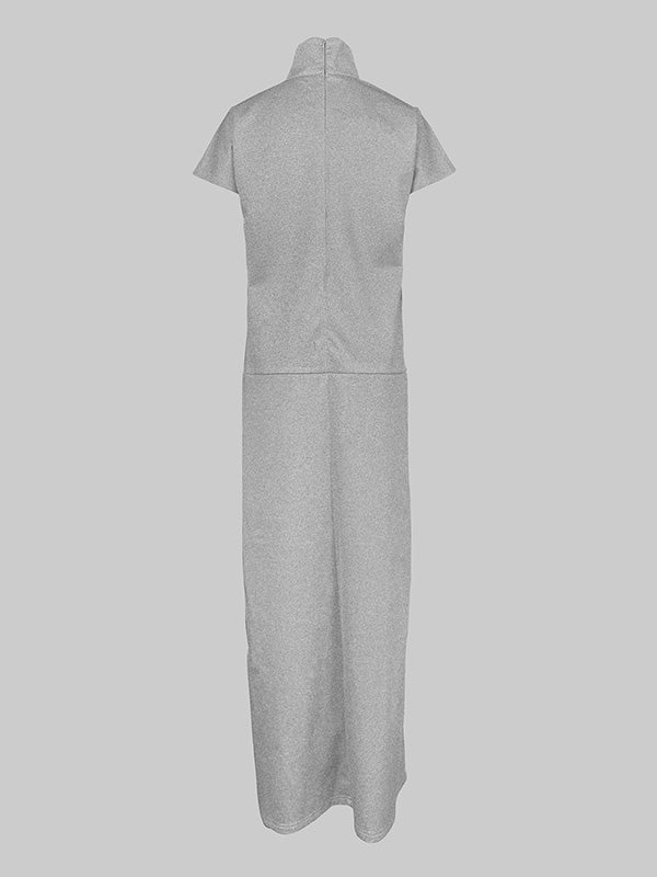 Loose Short Sleeves Solid Color Split-Joint High Neck Maxi Dresses - Image 4