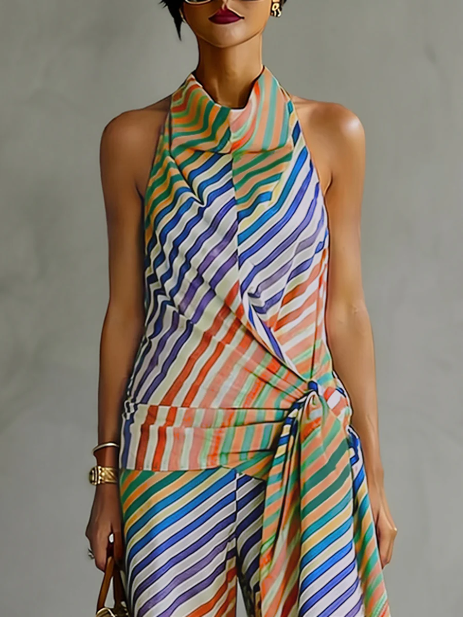 Loose Sleeveless Backless Contrast Color Striped Tied Halter-Neck Vest Top