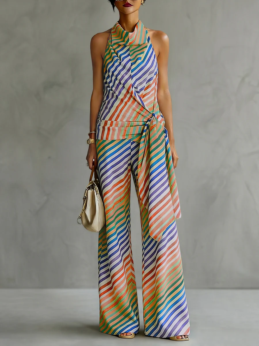 Loose Sleeveless Backless Contrast Color Striped Tied Halter-Neck Vest Top - Image 2