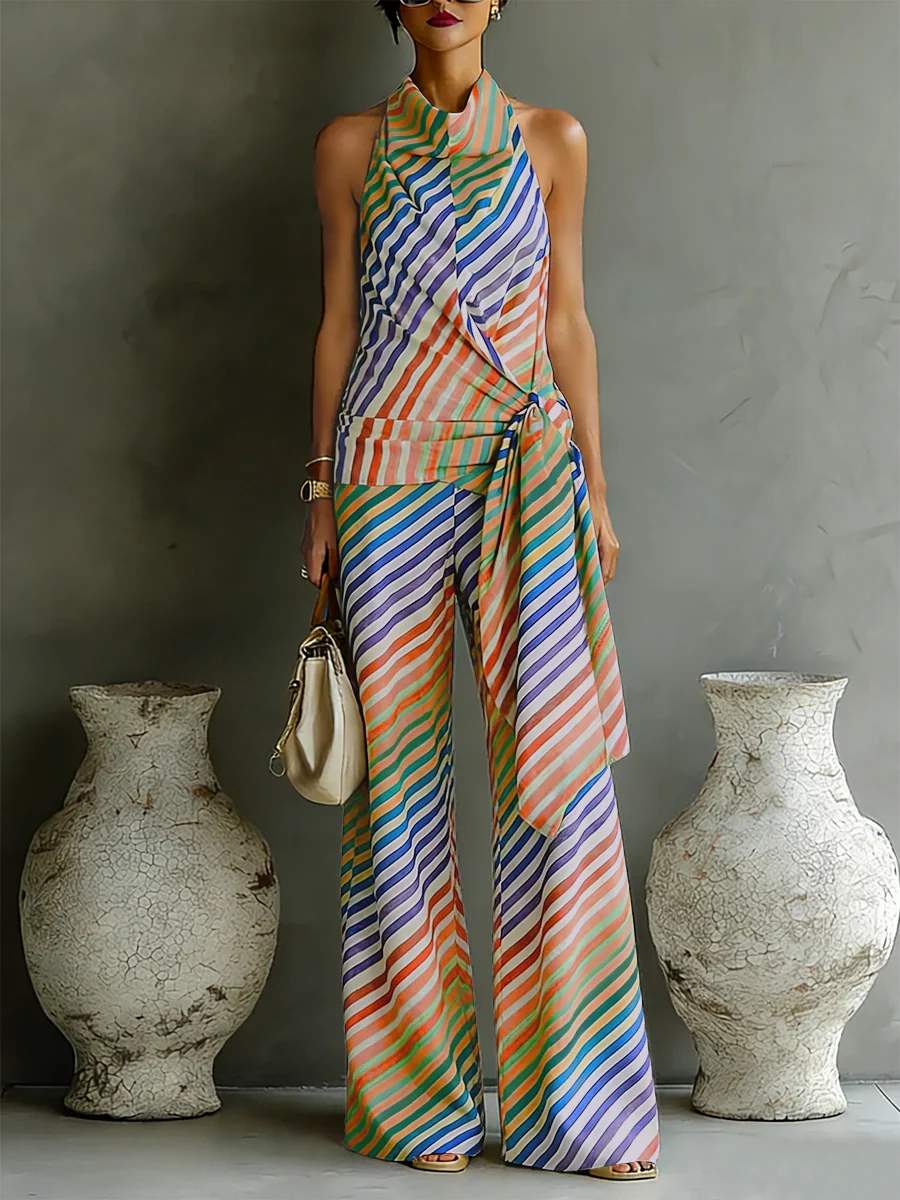 Loose Sleeveless Backless Contrast Color Striped Tied Halter-Neck Vest Top - Image 3