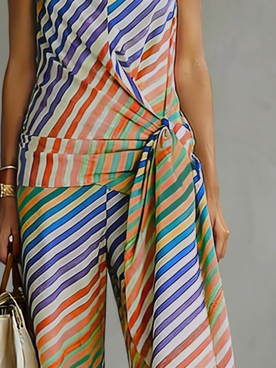 Loose Sleeveless Backless Contrast Color Striped Tied Halter-Neck Vest Top - Image 4