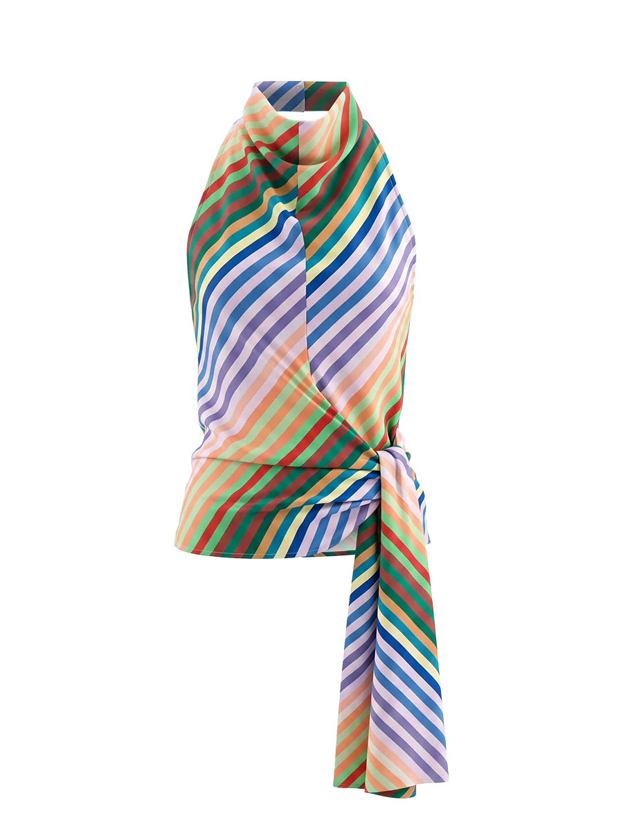 Loose Sleeveless Backless Contrast Color Striped Tied Halter-Neck Vest Top - Image 5