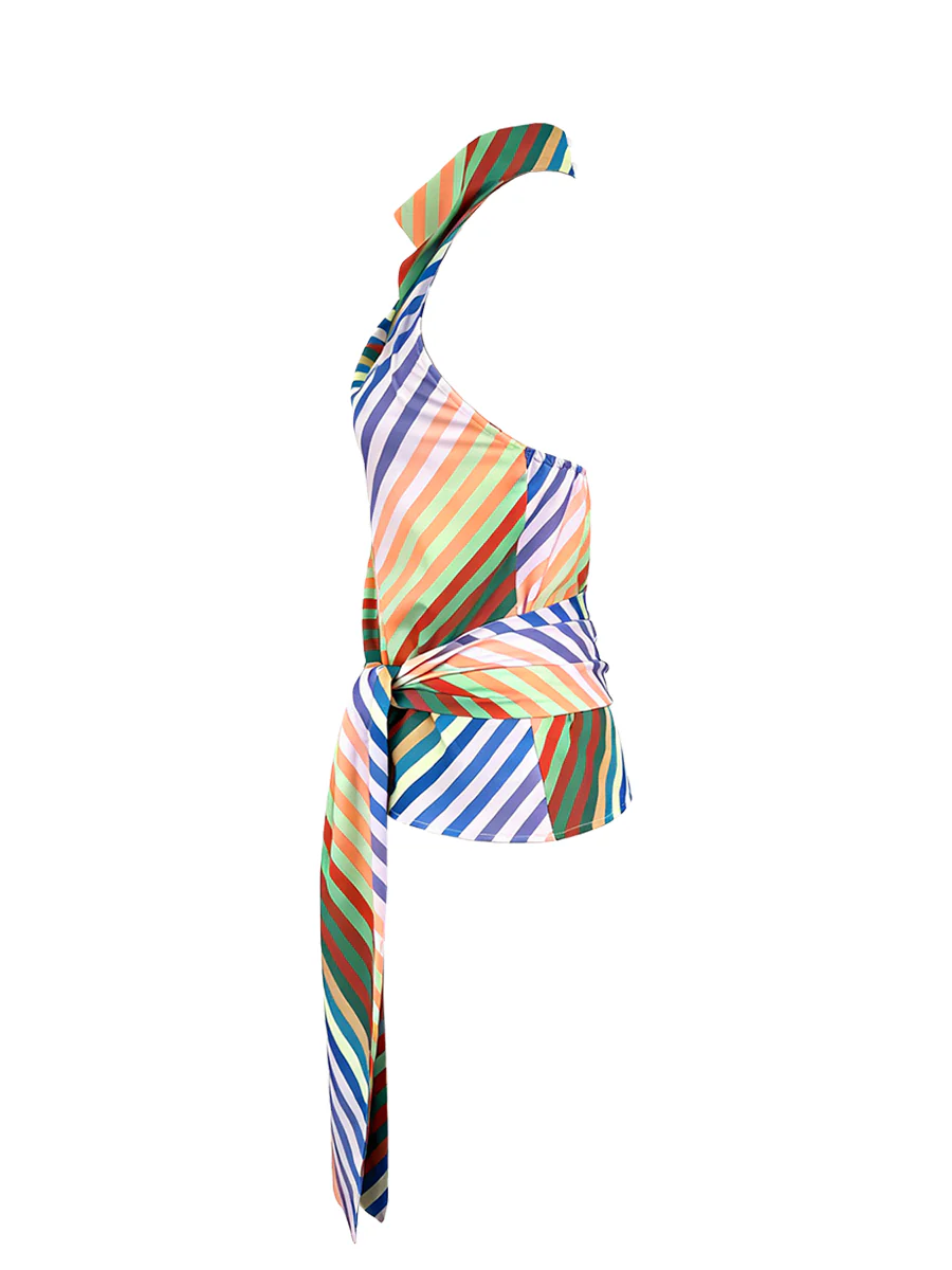 Loose Sleeveless Backless Contrast Color Striped Tied Halter-Neck Vest Top - Image 6