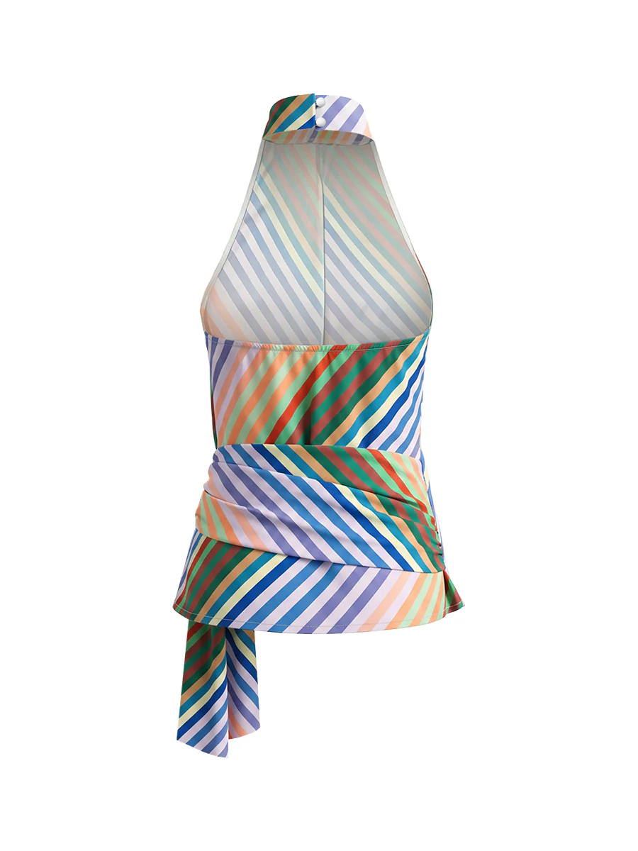 Loose Sleeveless Backless Contrast Color Striped Tied Halter-Neck Vest Top - Image 7