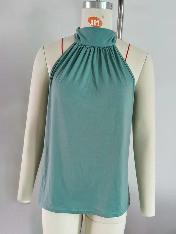 Loose Sleeveless Bow-Embellished Solid Color High Neck Tank Top - Image 21