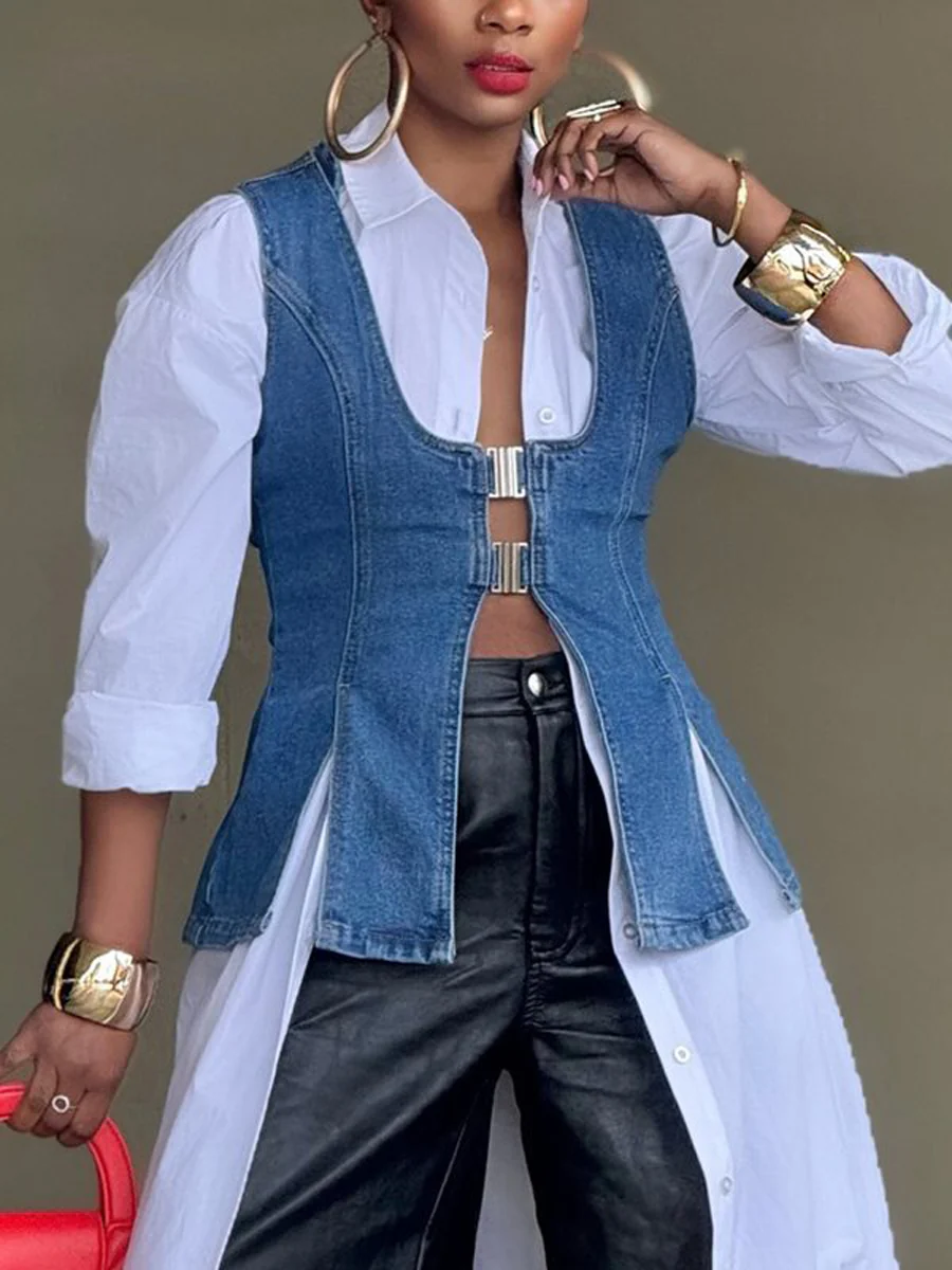 Loose Sleeveless Buckle Solid Color Split-Front U-Neck Vest Outerwear Vest Top