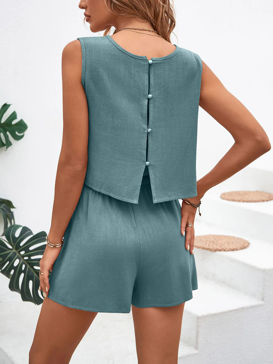 Loose Sleeveless Buttoned Drawstring Elasticity Pockets Solid Color Round-Neck Shorts Bottoms + Tank Top Two Pieces Set - Image 13