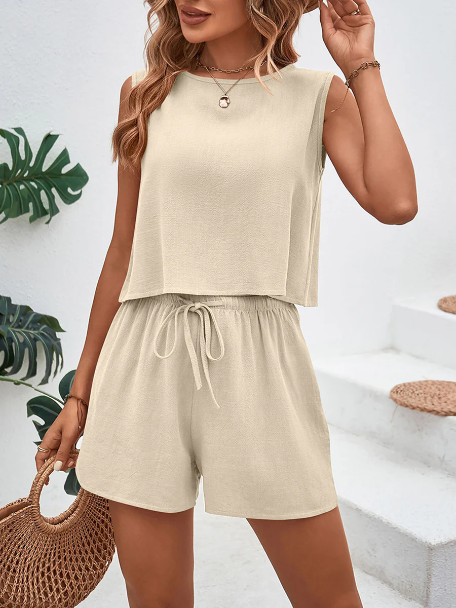 Loose Sleeveless Buttoned Drawstring Elasticity Pockets Solid Color Round-Neck Shorts Bottoms + Tank Top Two Pieces Set - Image 14
