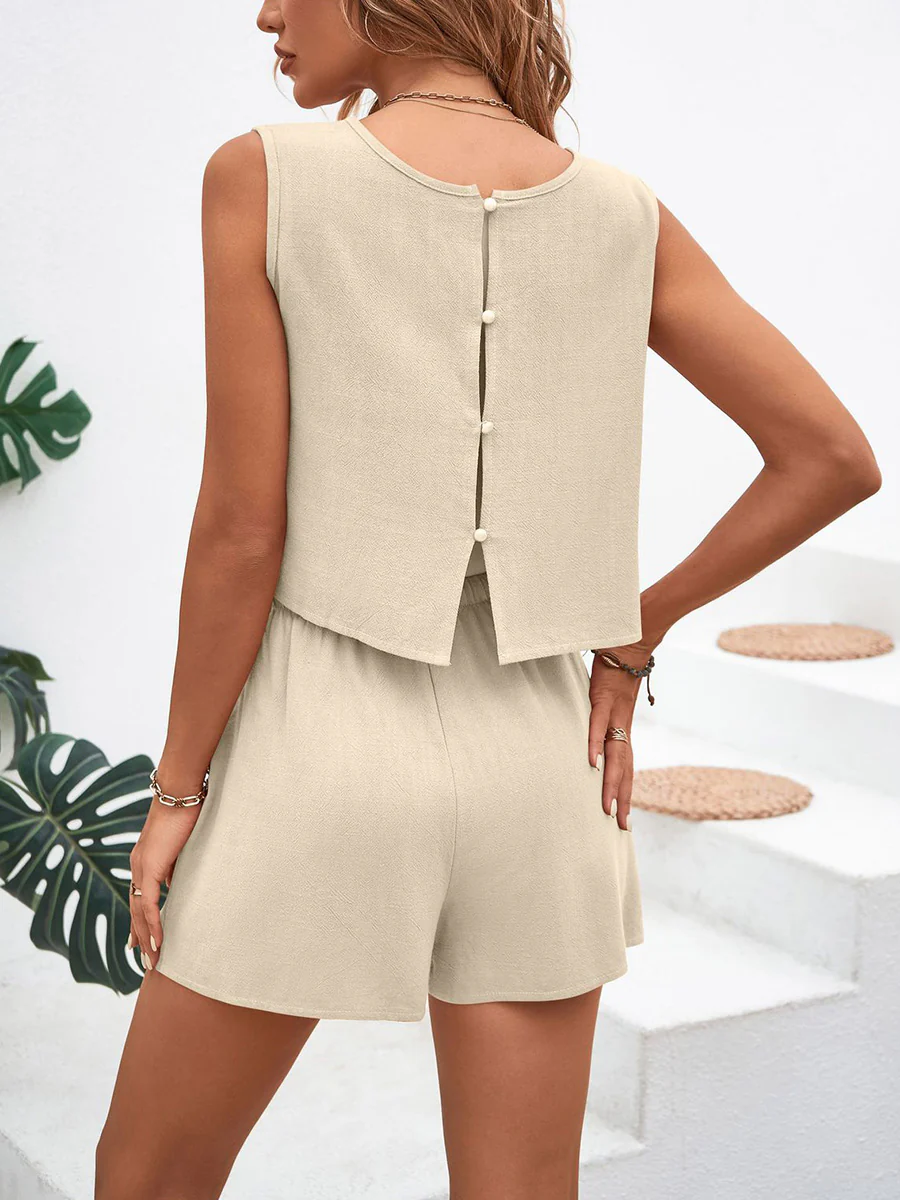 Loose Sleeveless Buttoned Drawstring Elasticity Pockets Solid Color Round-Neck Shorts Bottoms + Tank Top Two Pieces Set - Image 15