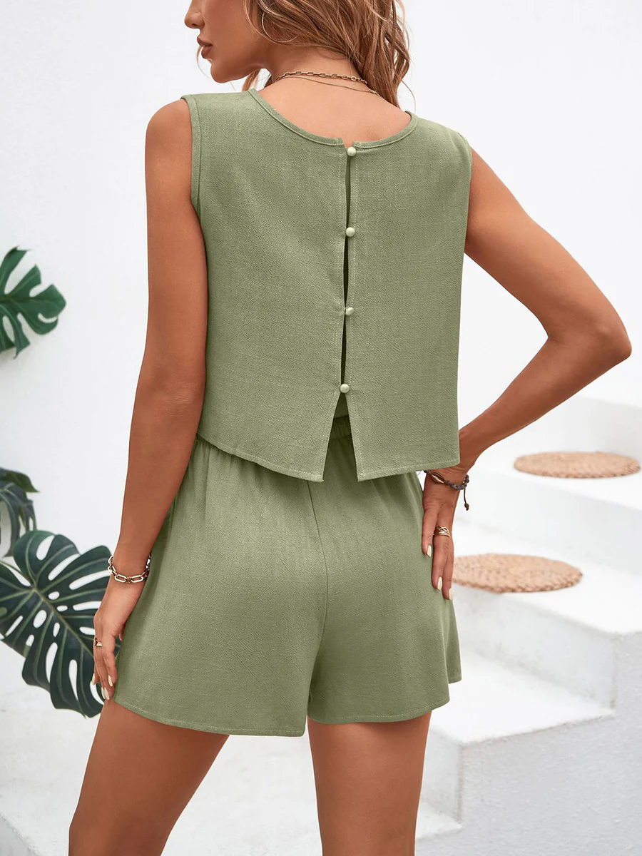 Loose Sleeveless Buttoned Drawstring Elasticity Pockets Solid Color Round-Neck Shorts Bottoms + Tank Top Two Pieces Set - Image 2