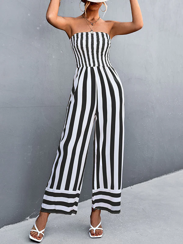 Loose Sleeveless Contrast Color Elasticity Striped Tube Jumpsuits - Image 9