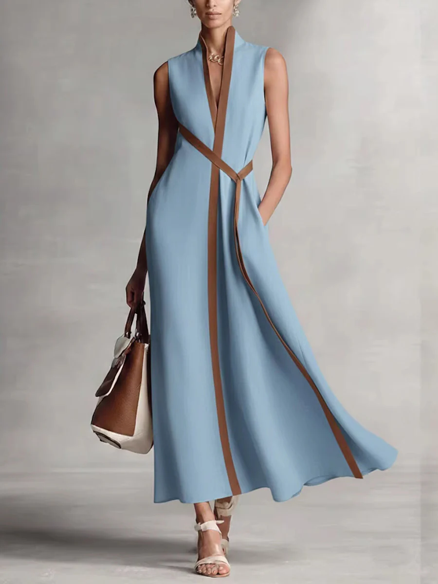 Loose Sleeveless Contrast Color Pockets Round-Neck Maxi Dresses