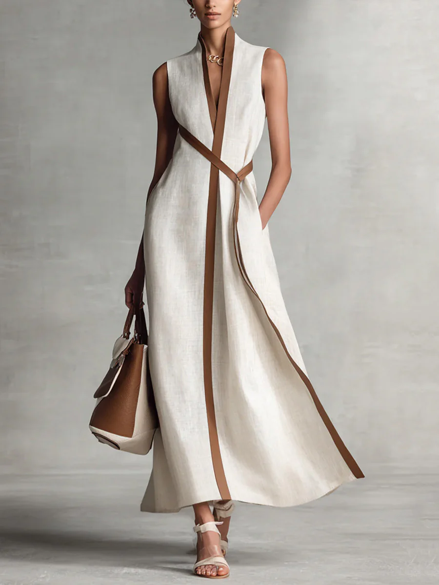 Loose Sleeveless Contrast Color Pockets Round-Neck Maxi Dresses - Image 2