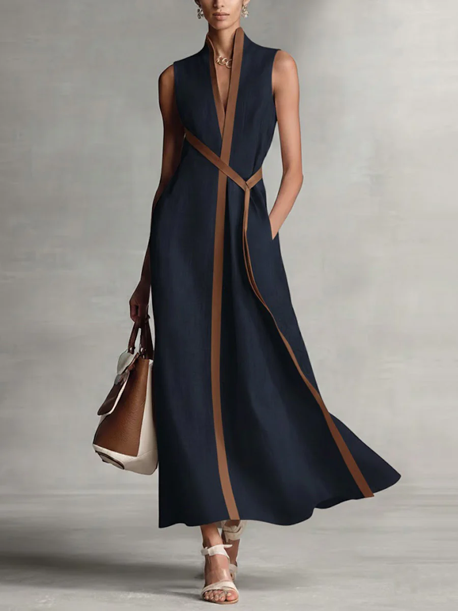 Loose Sleeveless Contrast Color Pockets Round-Neck Maxi Dresses - Image 3