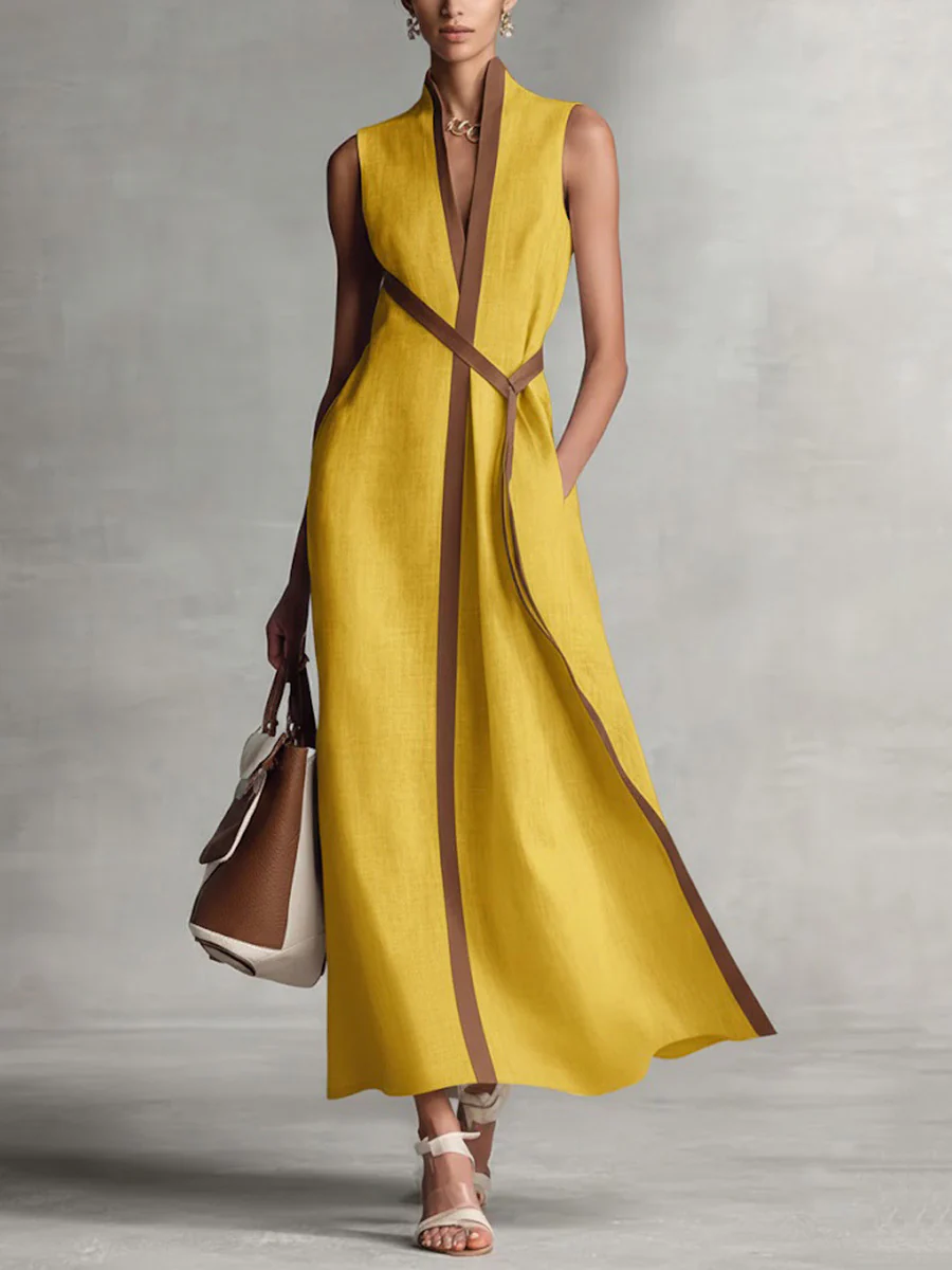 Loose Sleeveless Contrast Color Pockets Round-Neck Maxi Dresses - Image 4