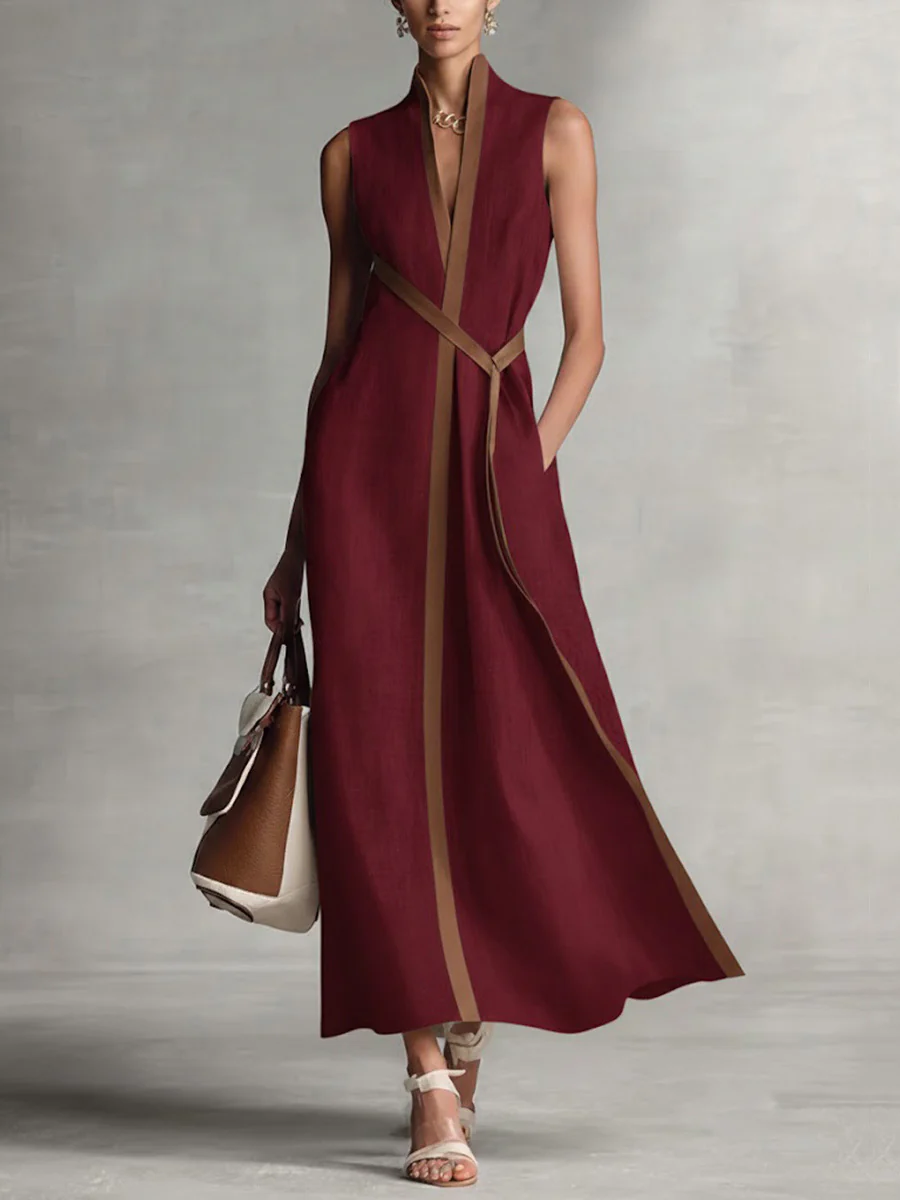 Loose Sleeveless Contrast Color Pockets Round-Neck Maxi Dresses - Image 5