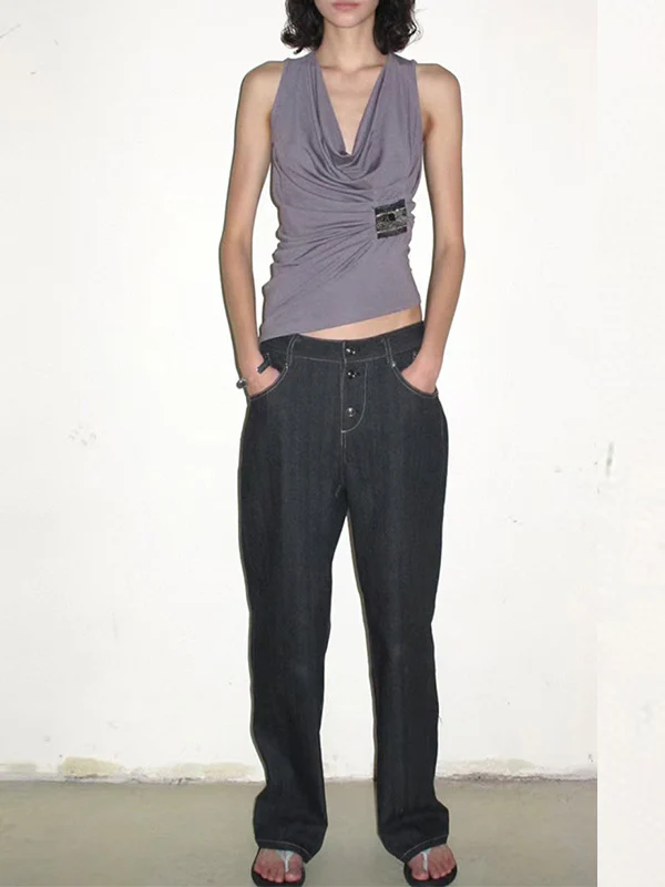 Loose Sleeveless Pleated Solid Color Heaps Collar Tank Top - Image 5