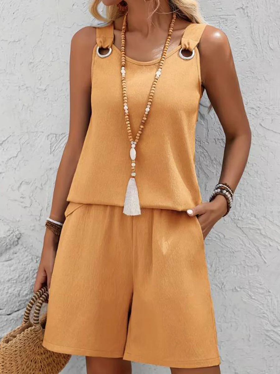Loose Solid Color Round-Neck Sleeveless Hollow Blouses&Shirts Tops + Pockets Shorts Bottoms Two Pieces Set - Image 16